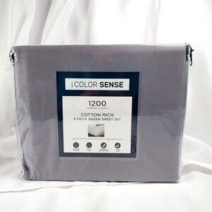 Color Sense 1200 Thread Count Cotton Rich 4-Piece Queen Sheet Set Light Gray
